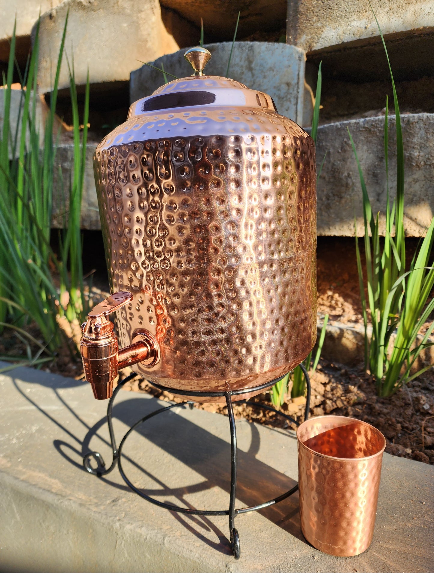 Dimple Copper Water Dispenser with Cup and Stand (8L)