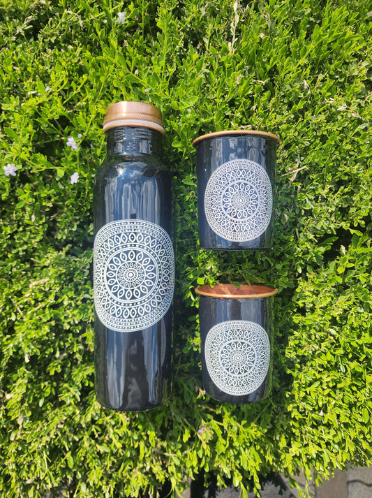 Mandala Copper Bottle and Cup Gift Set