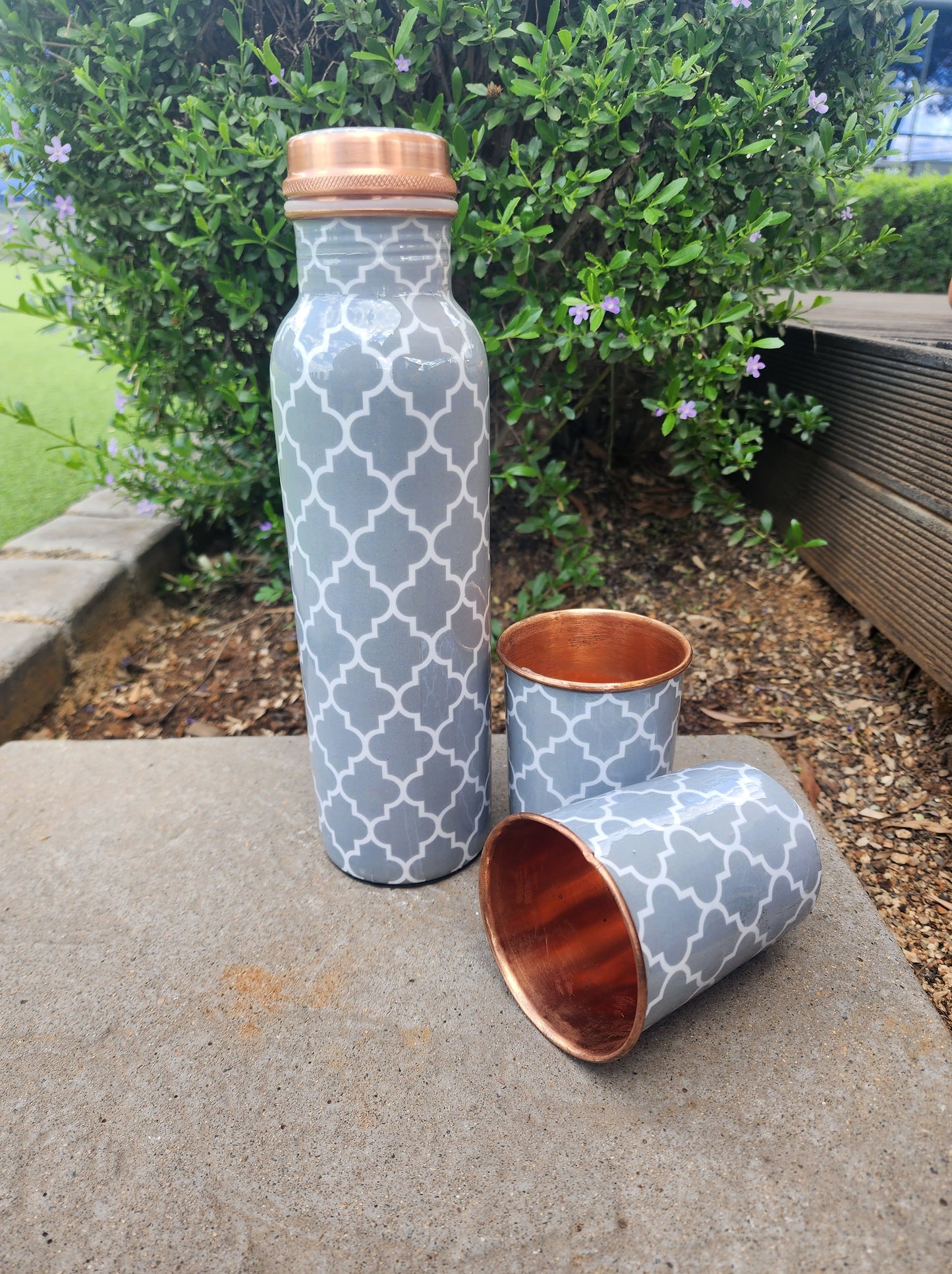 Geometric Grey Copper Bottle and Cup Set