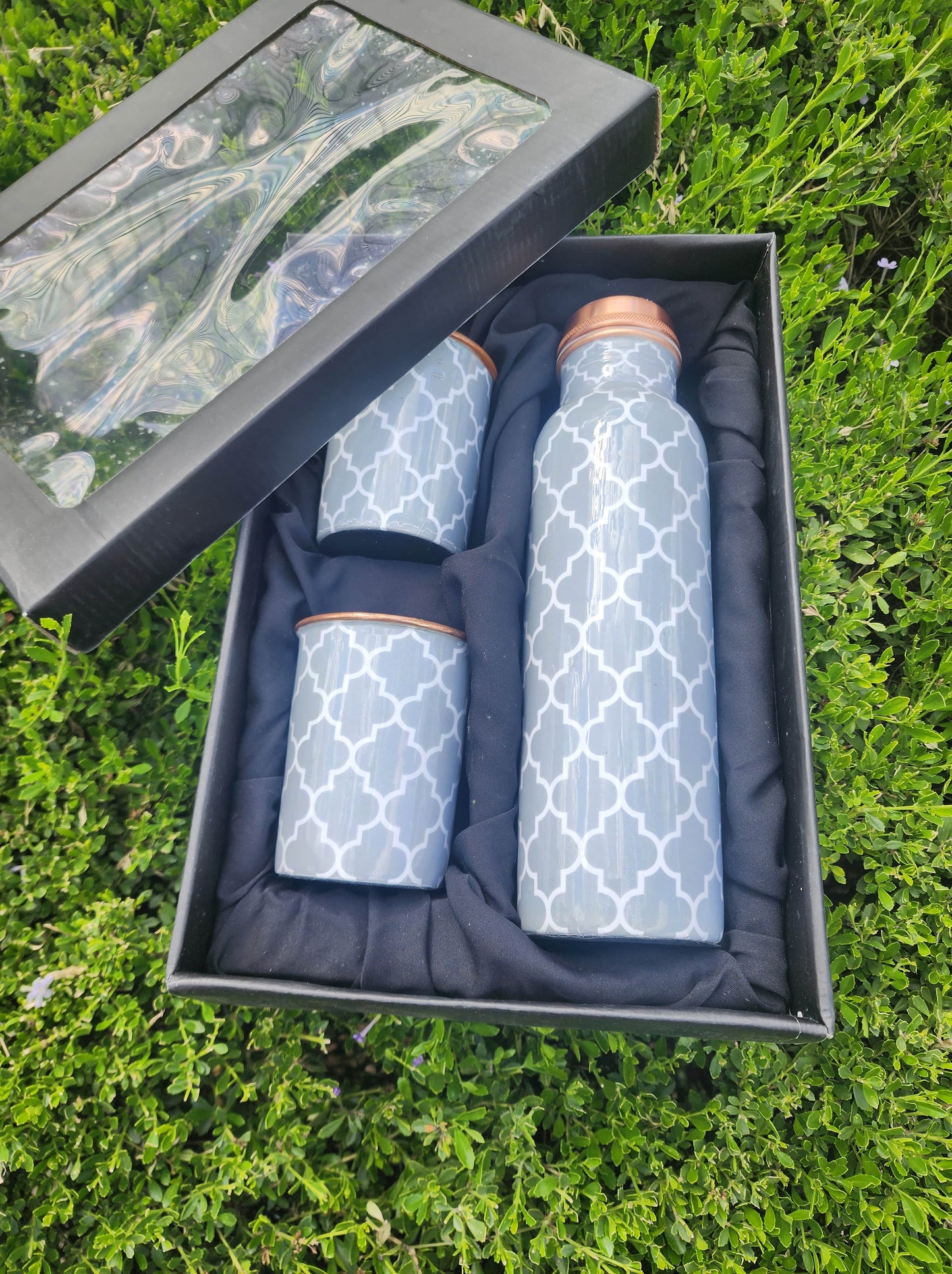 Geometric Grey Copper Bottle and Cup Set