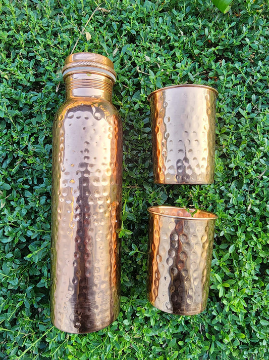 Mirror Finish Dimple Copper Bottle and Cup Gift Set