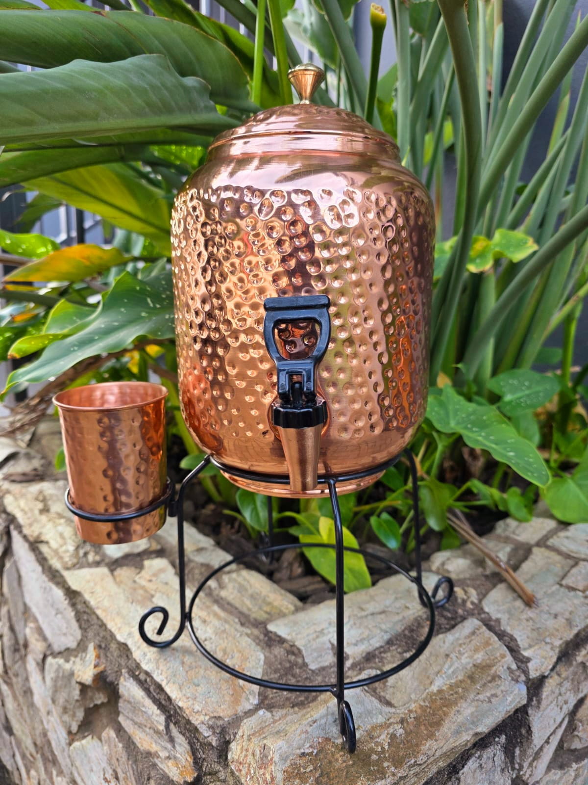 Dimple Copper Water Dispenser with Cup and Stand (5L)