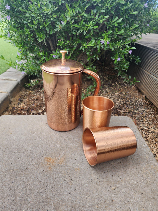 Embossed Copper Jug and Cup Set